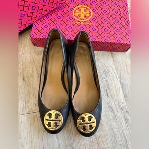 Tory Burch Black Flats with Gold Emblem